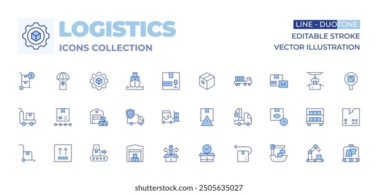 Colección de iconos de logística. Línea estilo Duotone, carrera editable. carro, logística, paquete, almacén, lado arriba, camión, retorno, tiempo, grúa, ferry, caja, frágil, crecimiento, carretilla elevadora.