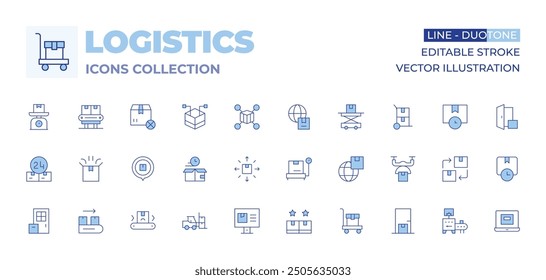 Logistics icons collection. Line Duotone style, editable stroke. logistics, box, timer, location, forklift, rating, package, tracking, distribution, delivery, conveyor belt, hours.