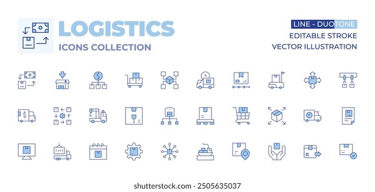 Logistics icons collection. Line Duotone style, editable stroke. freight, package, logistic, hub, delivery box, truck, logistics, shipping, fragile, tow truck, computer, rotation.