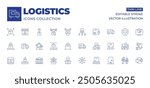 Logistics icons collection. Thin Line icons, editable stroke. cargo ship, conveyor, warehouse, logistics, robotic arm, logistic, growth, box, stock, stack, delivery truck.