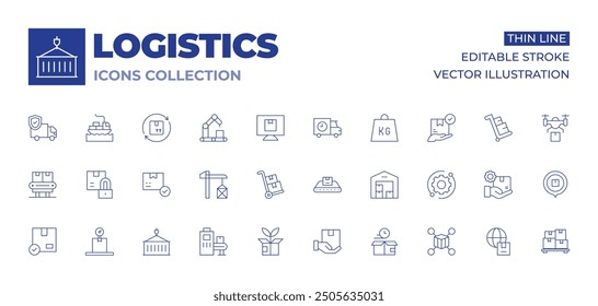 Logistics icons collection. Thin Line icons, editable stroke. approve, weighing scale, approved, conveyor, trolley, cargo crane, green logistics, container, padlock.