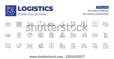 Logistics icons collection. Thin Line icons, editable stroke. forklift, distribution, delivery, invest, delivery box, scale, laptop, package, trolley, clipboard.