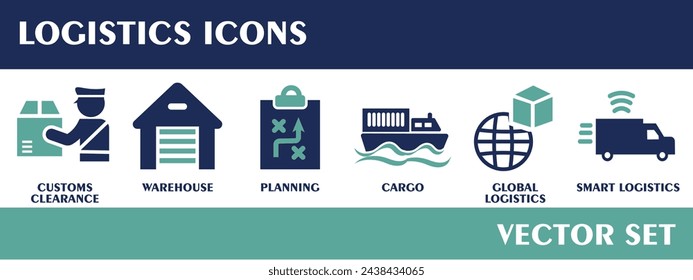 Logistics icons. Containing customs clearance, warehouse, planning, cargo, global logistics, smart logistics. Flat design vector set.
