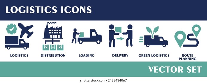 Logistics icons. Containing logistics, distribution, delivery, loading, green logistics, route planning. Flat design vector set.
