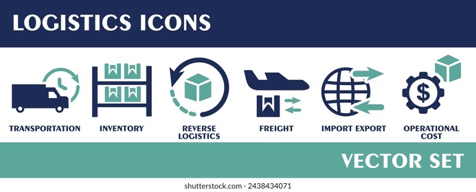 Logistics icons. Containing transportation, inventory, reverse logistics, freight, import export, operational cost. Flat design vector set.
