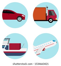 Logistics icons.Set of Delivery Related Vector Line Icons.There are 4 types of transportation such as cars, trucks, boats and plane.