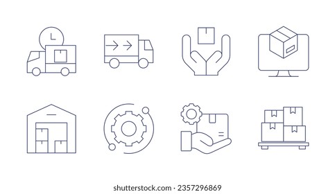 Logistics icons. Editable stroke. Containing delivery time, truck, secure, product, warehouse, technical support, product management, packages.