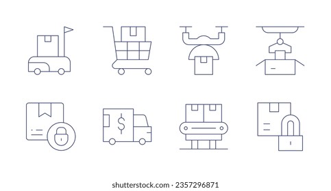 Logistics icons. Editable stroke. Containing delivery box, drone delivery, packaging, truck, conveyor, padlock.