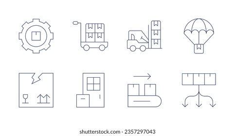 Iconos de logística. Trazo editable. Conteniendo ajustes, carro, carretilla elevadora, paquete, caja de entrega, entrega, correa transportadora, distribución.