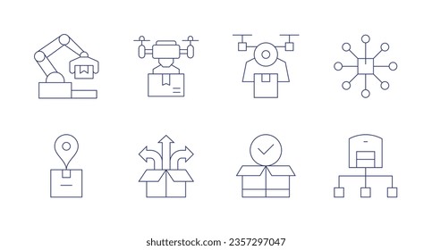 Logistics icons. Editable stroke. Containing robotic arm, drone, logistic, package, growth, box, hub.