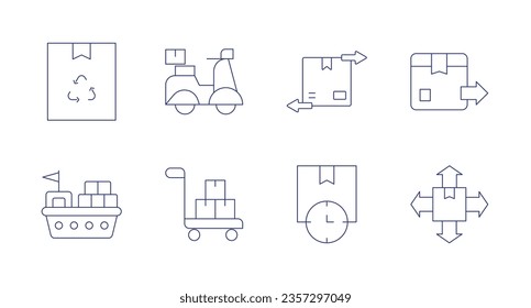 Logistics icons. Editable stroke. Containing recycling, scooter, discrepancy, delivery box, container, trolley, delivery time, distribution.