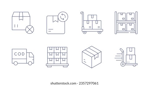 Logistics icons. Editable stroke. Containing out of stock, product, trolley, shelf, cash on delivery, wholesale, package.