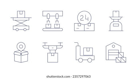 Logistics icons. Editable stroke. Containing lifting, conveyor belt, hours, scale, box, drone delivery, trolley, warehouse.