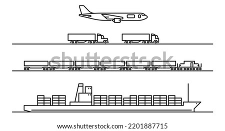 logistics icons freight transport on many different vehicles, vector illustration line icons of cargo ship, train, truck and plane, transport for supply chain