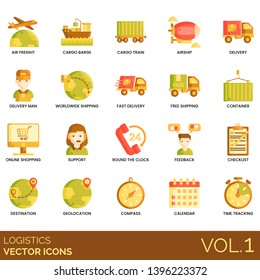 Logistics icons including air freight, cargo barge, train, airship, delivery man, worldwide shipping, fast, free, container, online shopping, support, round the clock, feedback, checklist, destination