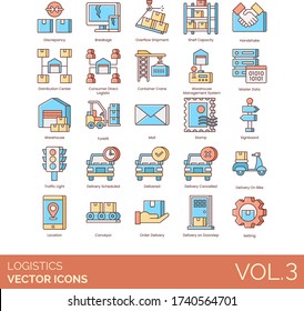 Iconos de logística que incluyen discrepancia, rotura, envío de desbordamiento, capacidad de repisa, apretón de manos, centro de distribución, dirección de consumo, grúa de contenedores, sistema de gestión de almacenes, datos maestros, carretillas elevadoras