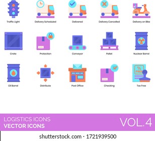 Iconos logísticos incluyendo semáforo, entrega programada, entregada, cancelada, en bicicleta, caja, protección, transportador, palet, barril nuclear, aceite, distribución, correo, cheque, libre de impuestos.