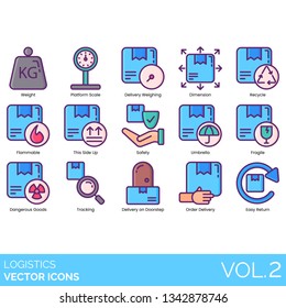 Logistics icons including weight, platform scale, weighing, dimension, recycle, flammable, this side up, safety, umbrella, fragile, dangerous goods, tracking, delivery on doorstep, order, easy return.