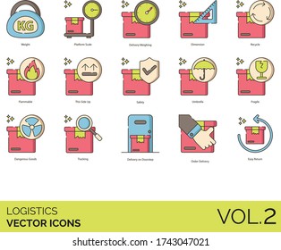 Logistics icons including weight, platform scale, weighing, dimension, recycle, flammable, this side up, safety, umbrella, fragile, dangerous goods, tracking, delivery on doorstep, order, easy return.