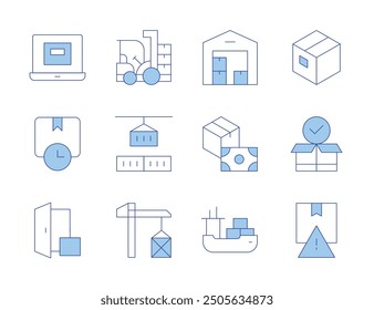 Logistics icons. Line Duotone style, editable stroke. warehouse, stack, cargo crane, construction vehicle, box, fragile, ship, cash on delivery, delivery, shipping time, laptop.