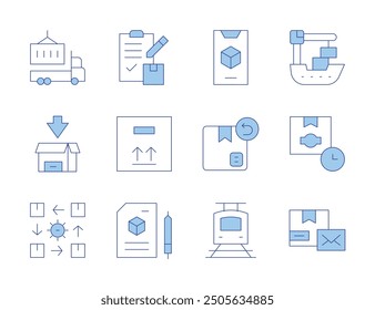 Logistics icons. Line Duotone style, editable stroke. requirement, clipboard, box, app, delivery box, time, ferry, return, train, rotation, truck.