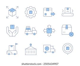 Logistics icons. Line Duotone style, editable stroke. delivery box, distribution, logistics, delivery truck, location, secure, out of stock, pickup truck, settings, container.