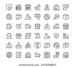 Logistics icons. Outline symbols collection. Premium vector line icons set