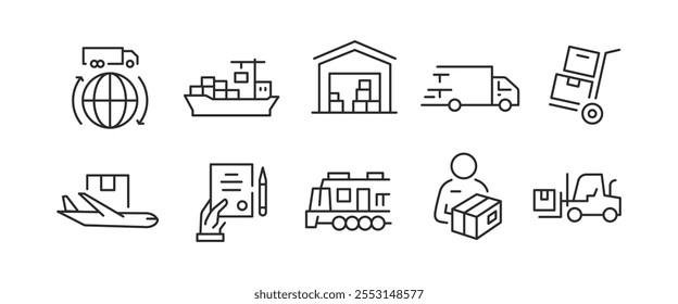 Ícones de logística. Conjunto de 10 ícones mínimos da moda logística. Caminhão, Depósito, Entrega, Pacote, Guindaste, Empilhadeira, Trem, Barco, Ícone de inventário. Placas de design para página da web, aplicativo móvel. Ilustração vetorial