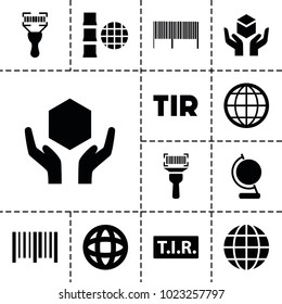 Logistics icons. set of 13 editable filled logistics icons such as handle with care, bar code, bar code scanner, tir, globe