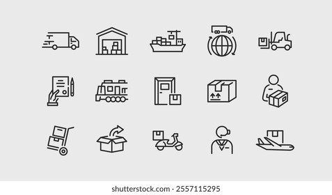 Logistics icons. Set of 15 logistics trendy minimal icons. Truck, Warehouse, Delivery, Package, Crane, Forklift, Train, Boat, Inventory icon. Design signs for web page, mobile app. Vector illustration