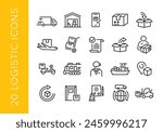 Logistics icons. Set of 20 logistics trendy minimal icons. Truck, Warehouse, Delivery, Package, Crane, Forklift, Train, Boat, Inventory icon. Design signs for web page, mobile app. Vector illustration