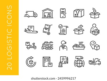 Logistics icons. Set of 20 logistics trendy minimal icons. Truck, Warehouse, Delivery, Package, Crane, Forklift, Train, Boat, Inventory icon. Design signs for web page, mobile app. Vector illustration