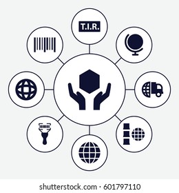 logistics icons set. Set of 9 logistics filled icons such as handle with care, bar code, bar code scanner, TIR, globe, international delivery