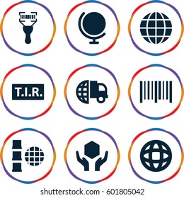logistics icons set. Set of 9 logistics filled icons such as handle with care, bar code, bar code scanner, TIR, globe, international delivery