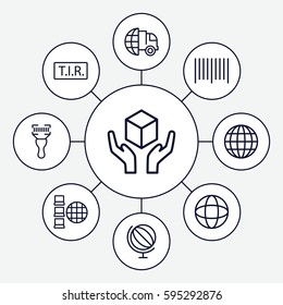 logistics icons set. Set of 9 logistics outline icons such as handle with care, bar code, bar code scanner, TIR, globe, international delivery
