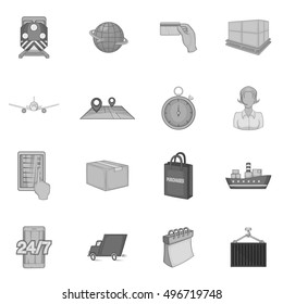 Logistics icons set in black monochrome style. Shipping and delivery set collection vector illustration