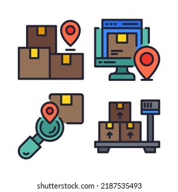 logistics icons set = box, monitor, search, weight scale. Perfect for website mobile app, app icons, presentation, illustration and any other projects