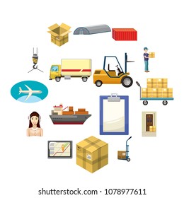 Logistics icons set in cartoon style on a white background