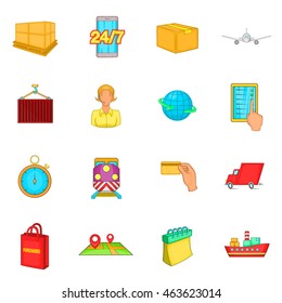 Logistics icons set in cartoon style. Transportation set isolated vector illustration