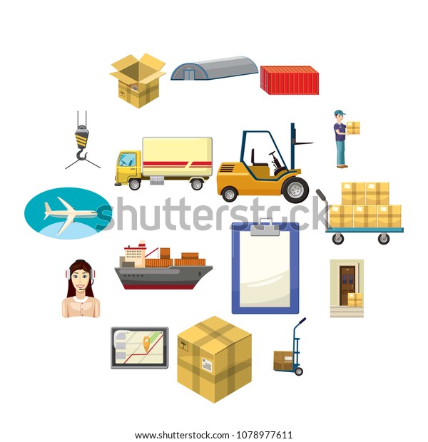 Logistics icons set in cartoon style on a\
white background