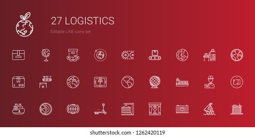 logistics icons set. Collection of logistics with cargo, fragile, container, duty, global, earth, ship, earth globe, package, planet earth. Editable and scalable logistics icons.