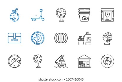 logistics icons set. Collection of logistics with earth, package delivered, ship, earth globe, globe, conveyor, global, package, fragile. Editable and scalable logistics icons.