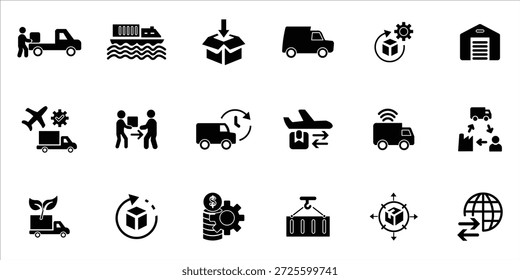 conjunto de ícones de logística. logística, entrega, logística verde, carregamento, logística inteligente, cadeia de suprimentos, contêiner, transporte e muito mais.