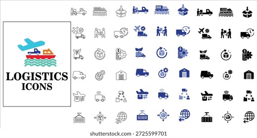 logistics icons set. logistics, delivery, smart logistics, supply chain, container, cargo and more. simple complete vector illustration