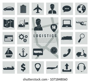 Logistics icons set. Delivery and Transportation. Silhouettes. Vector illustration