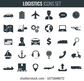 Logistics icons set. Delivery and Transportation. Silhouettes. Vector illustration