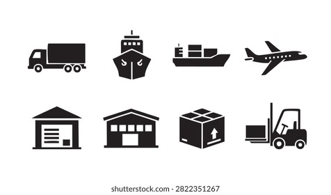 logistics icons set featuring truck, warehouse, ship, plane and fork-lift
