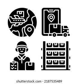íconos logísticos establecidos = entrega de vuelo, seguimiento, mensajero, almacén. Perfecto para aplicaciones móviles web, iconos de aplicaciones, presentación, ilustración y cualquier otro proyecto