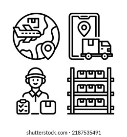 logistics icons set = flight delivery, tracking, courier, warehouse. Perfect for website mobile app, app icons, presentation, illustration and any other projects