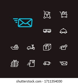 Logistics icons set. Global delivery and logistics icons with food delivery, email and pizza delivery. Set of storage for web app logo UI design.